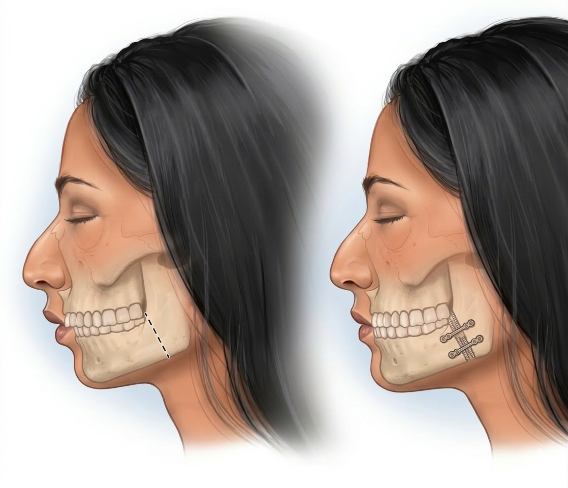 Illustration showing jaw alignment and braces as part of surgical orthodontics