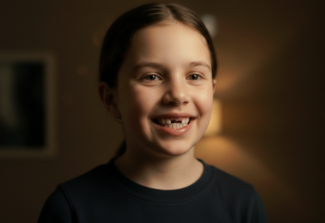 Happy smiling child showing growing teeth