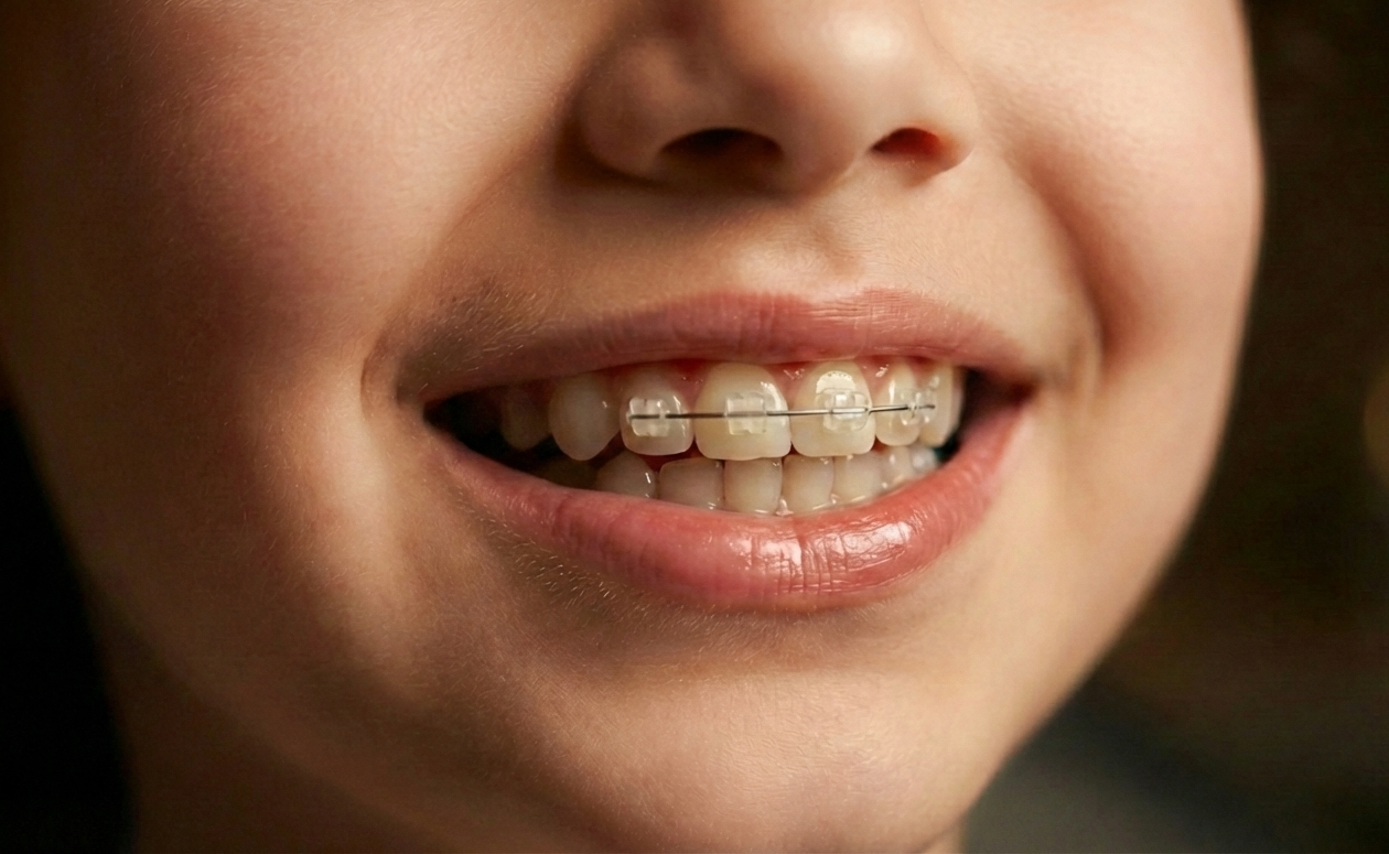 Child receiving early orthodontic treatment with ceramic braces for growth modification and bite correction