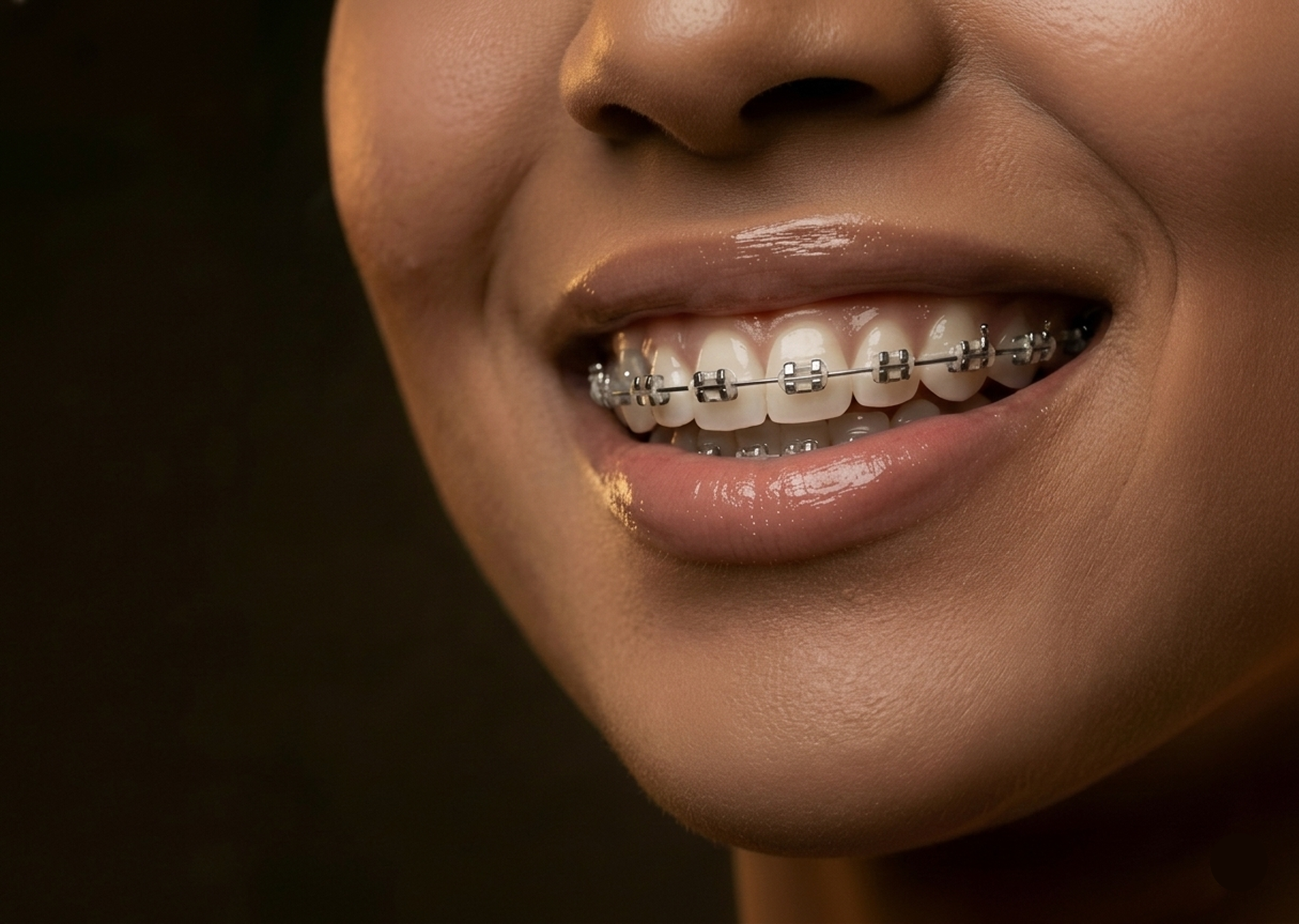 Close-up of a confident smile with aesthetic orthodontic braces system for precise teeth alignment